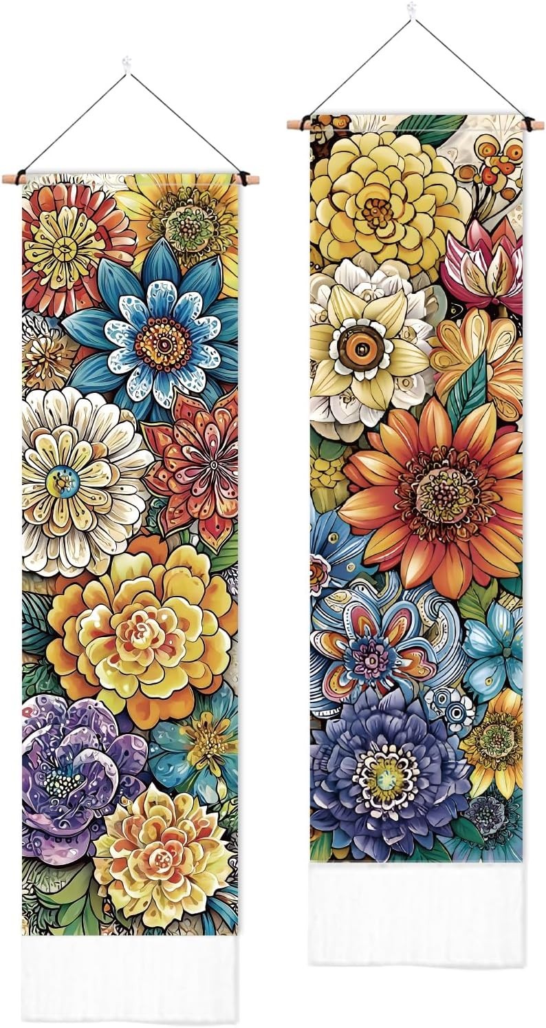 2-Pack Boho Floral Tapestry 52"x13" Vertical Wall Decor narrow art