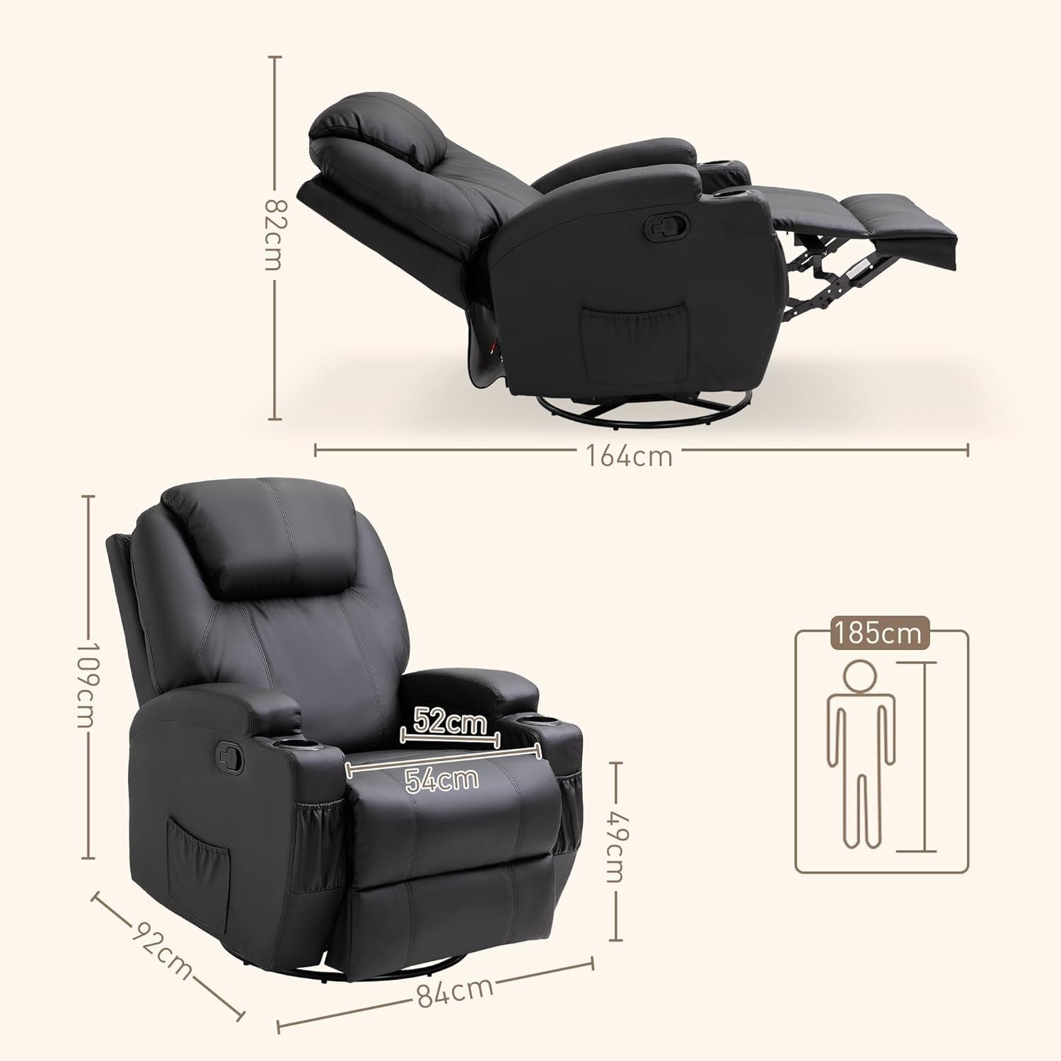 Massage Recliner Rocker Chair 360° Swivel 165° Recline Footrest Black