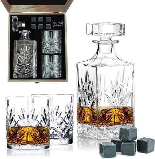 750ml Whiskey Decanter Gift Set with 2 Glasses Stones & Wooden Box Luxury Men