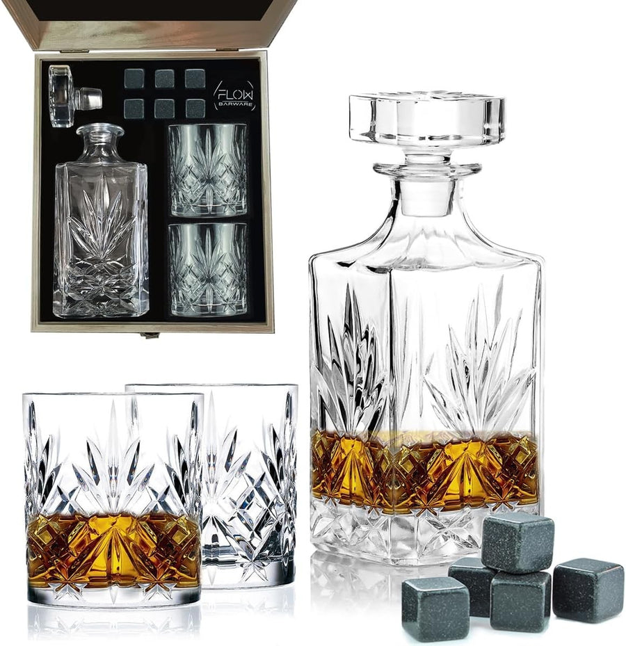 750ml Whiskey Decanter Gift Set with 2 Glasses Stones & Wooden Box Luxury Men