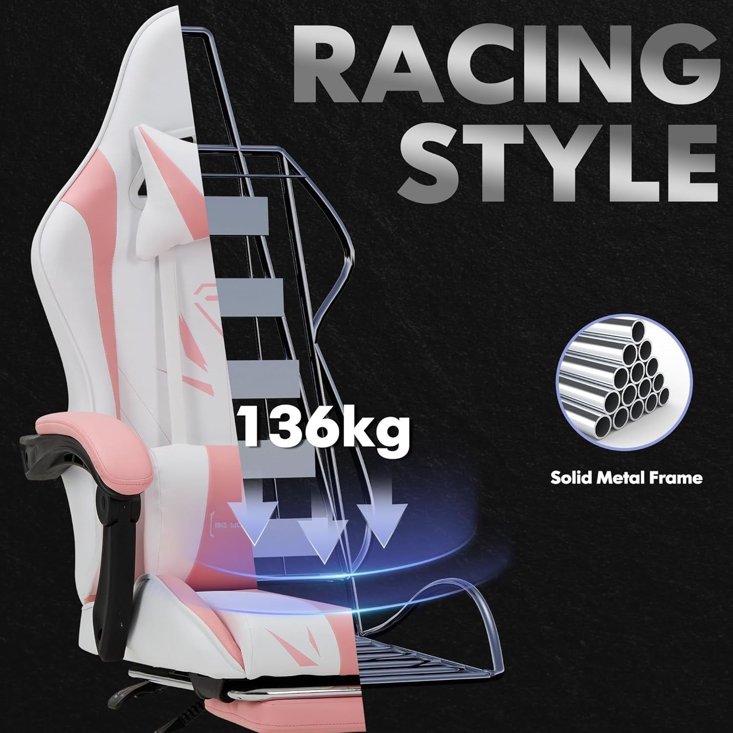 High-Back Pink Gaming Chair for PC/Video Gamers - Faux Leather Swivel Modern