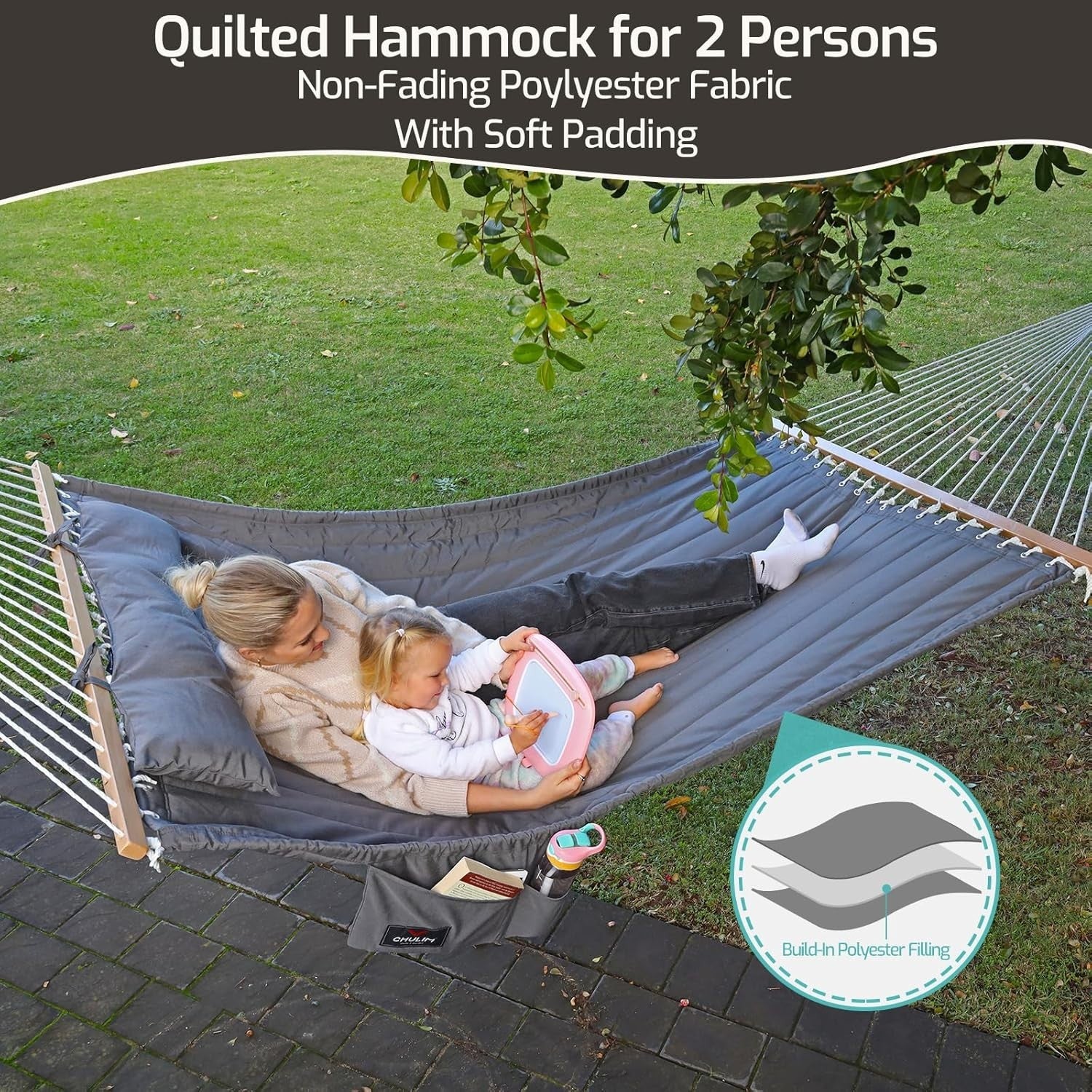 Luxury Outdoor Double Quilted Fabric Hammock 2-Person 450lbs w/ Pillow