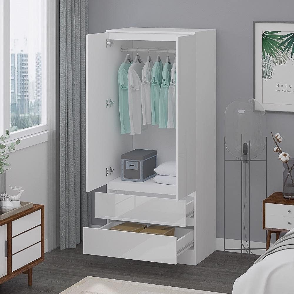 Modern White Gloss 2 Door Wardrobe with Drawers Soft Close Bedroom Storage