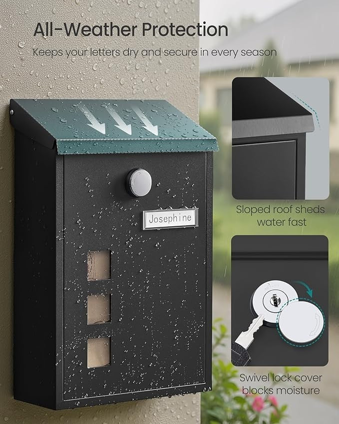 Wall Mounted Mailbox Lockable Post Box Black Steel Rust Resistant 9x21.8x31.8cm