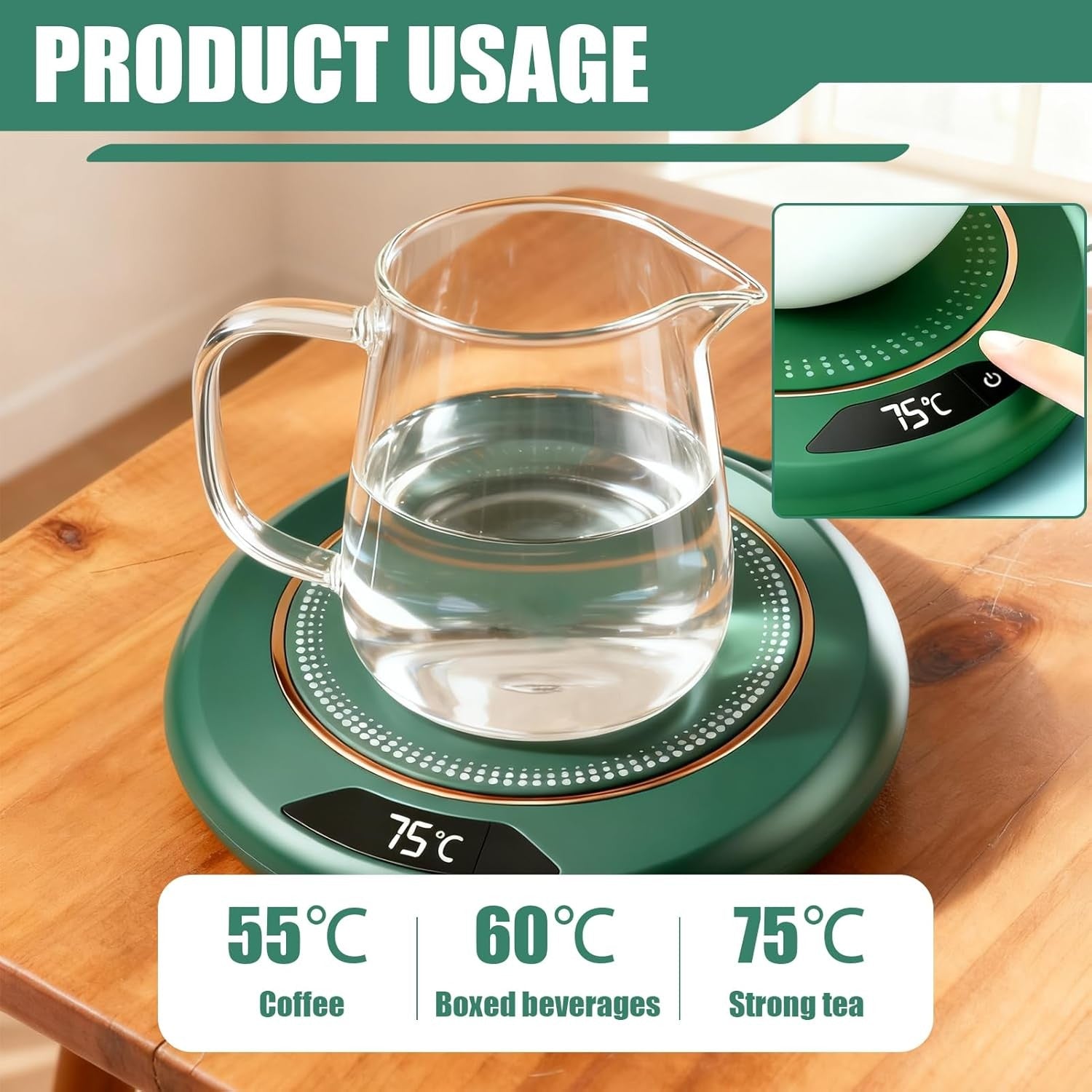Green USB Coffee Mug Warmer 3 Temp 8H Auto Off Heated Desk Plate