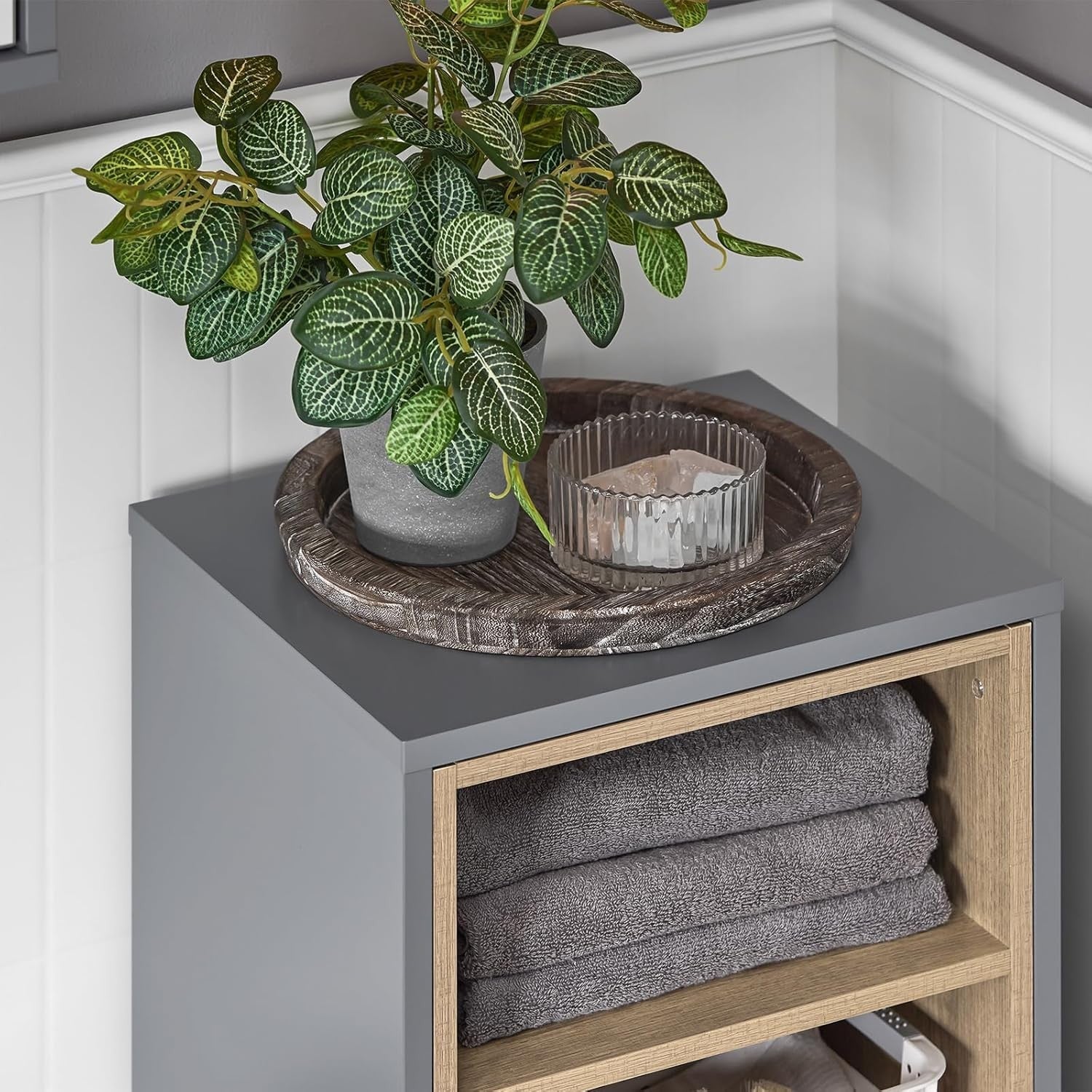 Slim Bathroom Storage Cabinet with Fold-Out Laundry Basket Grey 35×105cm