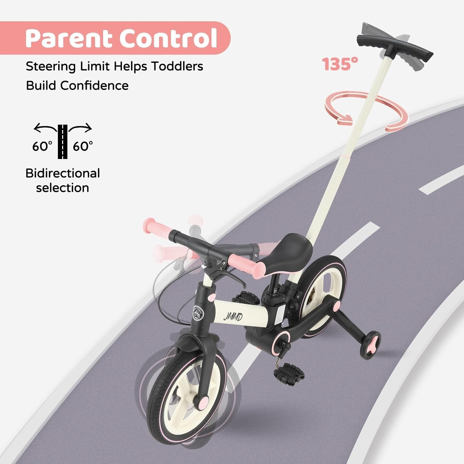 6 in 1 Toddler Bike Balance Pedal Bike Training Wheels Push Handle Pink