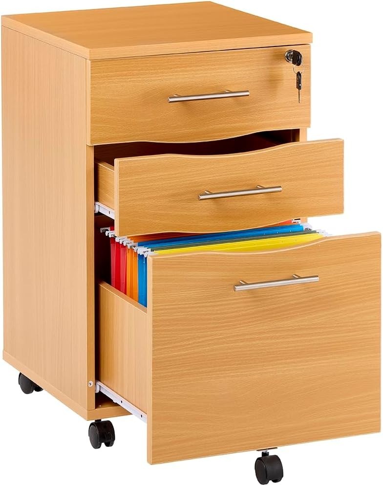 Beech Under Desk Filing Cabinet 3 Drawer Lockable Mobile 68cm