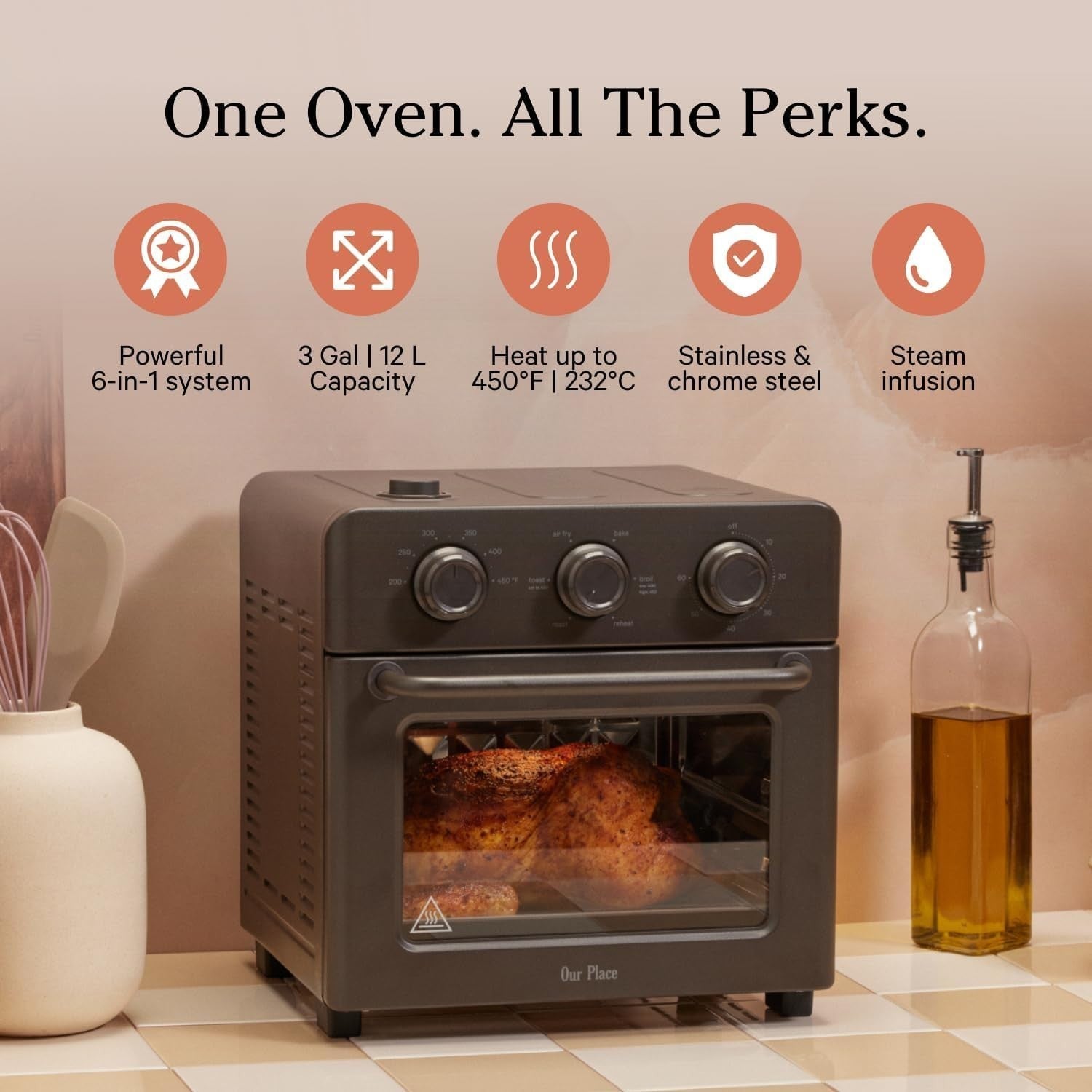 6-in-1 Air Fryer Toaster Oven Steam Infusion Fast Preheat Compact 12L Charcoal