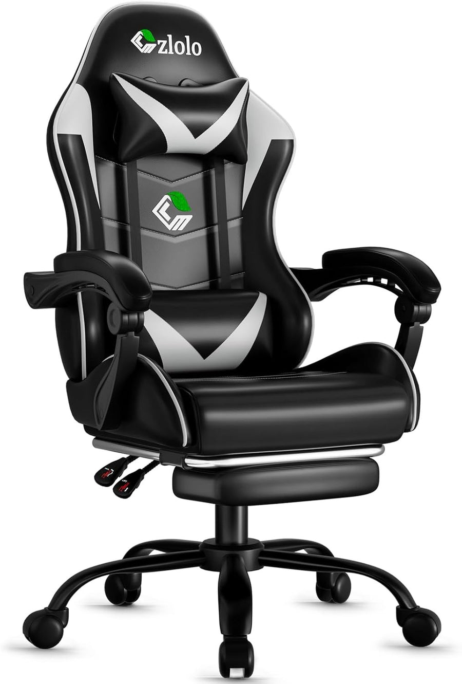 White Gaming Chair w/ Footrest Massage Lumbar Reclining