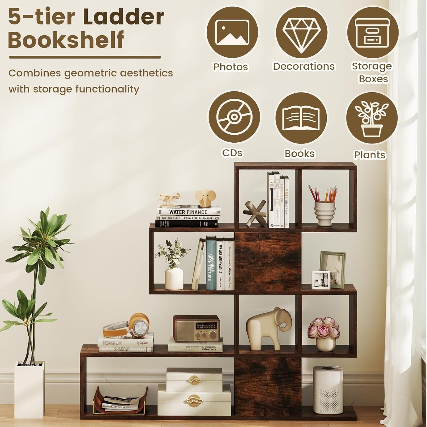 Freestanding 4-Tier Ladder Shelf Rustic Brown | Modern Display Storage Unit 120