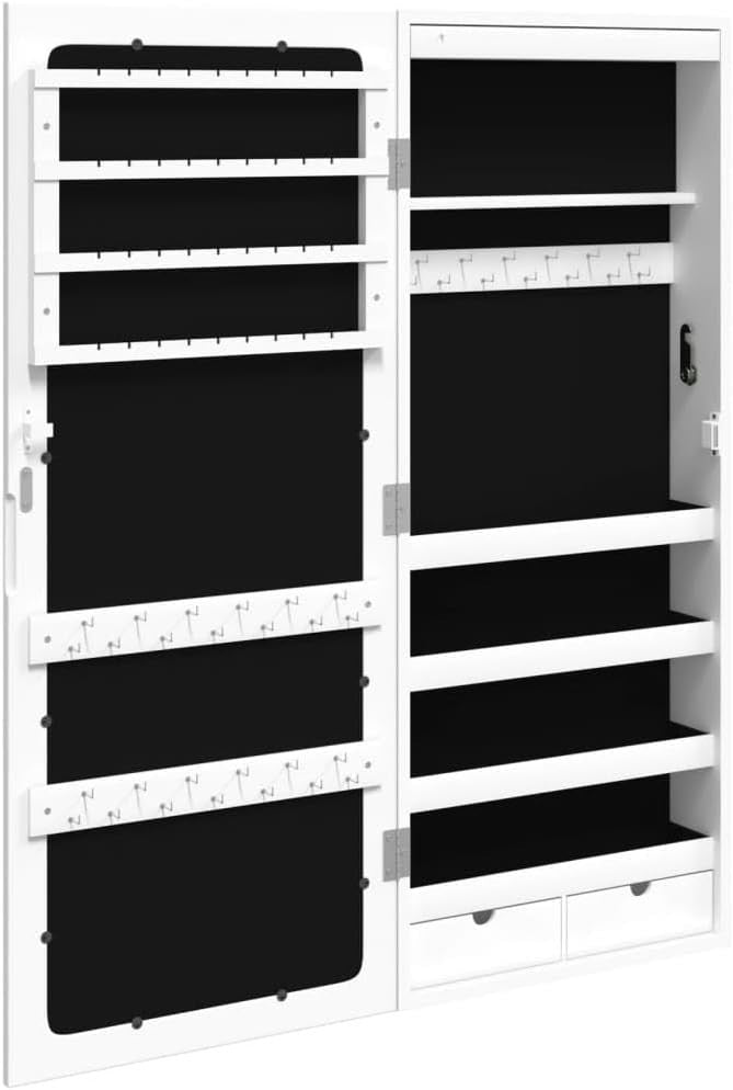 LED Mirror Jewelry Cabinet Wall or Door Mounted Lockable Storage White