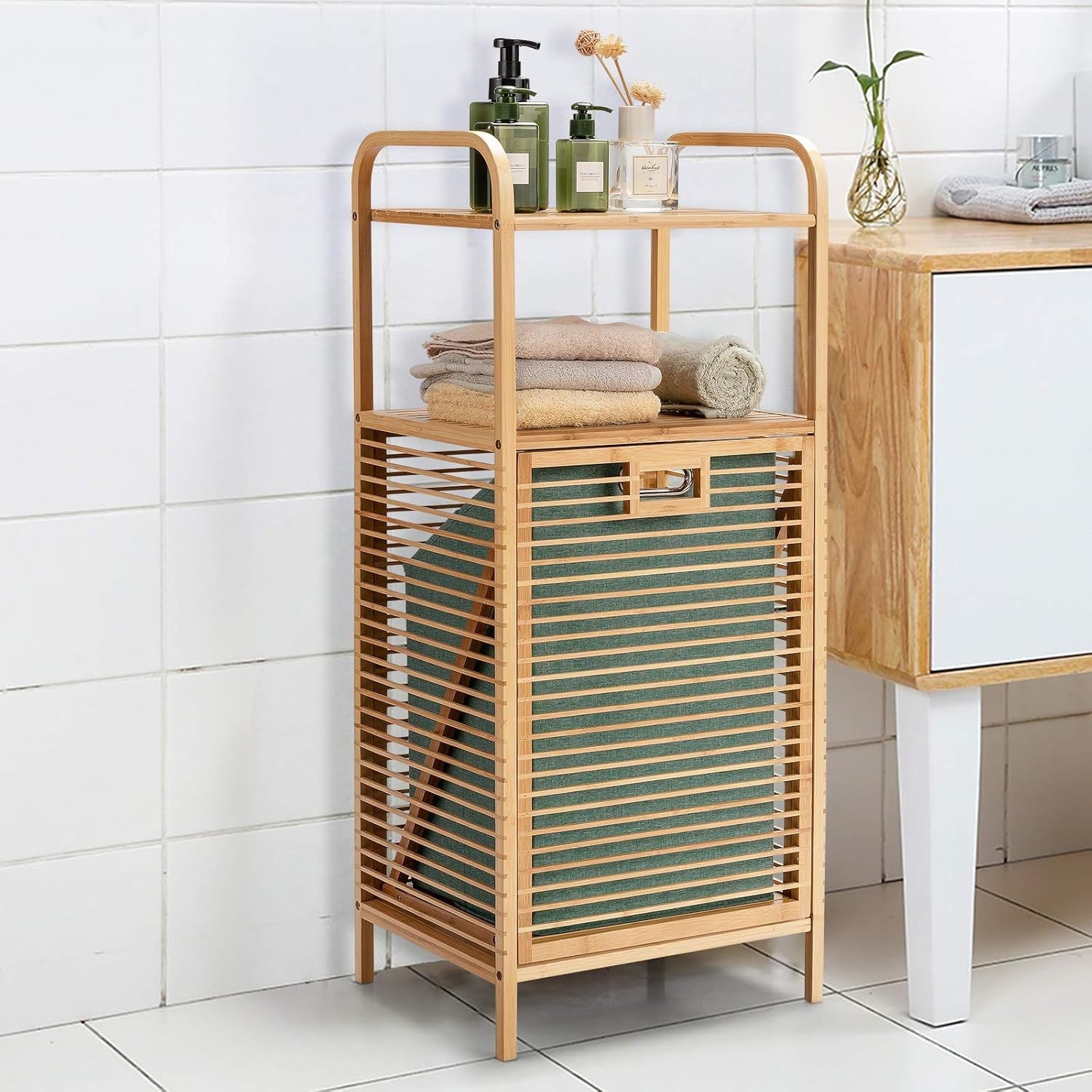 Bamboo Tilt-Out Laundry Hamper with 2 Shelves | Removable Bag | 40×33×95cm