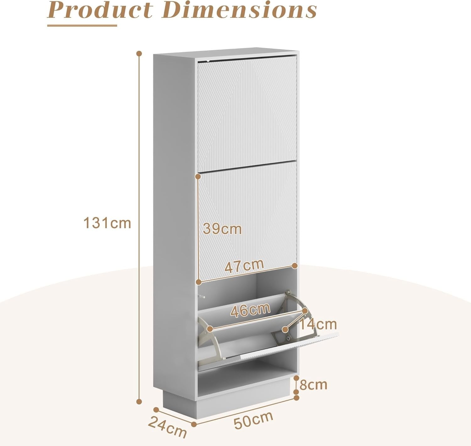 White Slim Shoe Cabinet Storage | 3 Flip Drawers, Anti-Tip, 131cm Tall