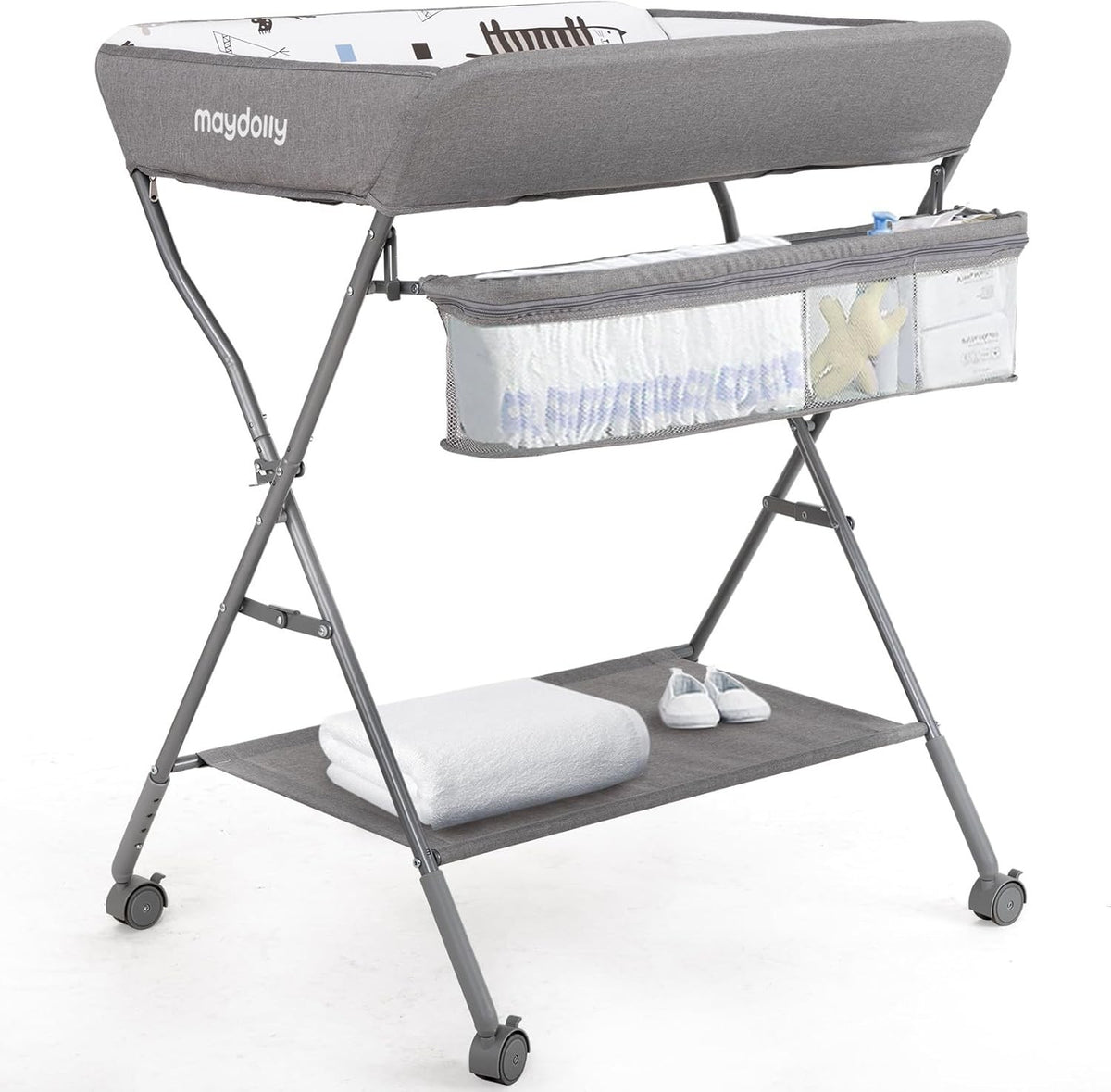 Baby Changing Table Adjustable Folding Diaper Station with Storage Light Grey