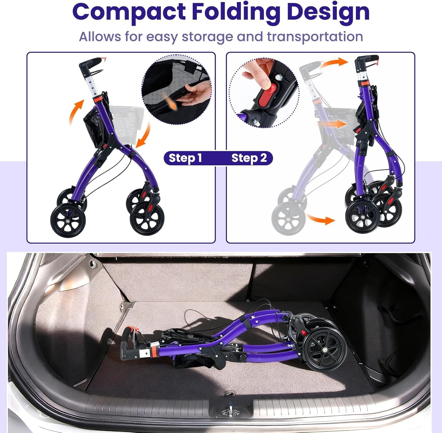 Lightweight Folding Rollator Walker 4 Wheel Basket Brakes Narrow Purple