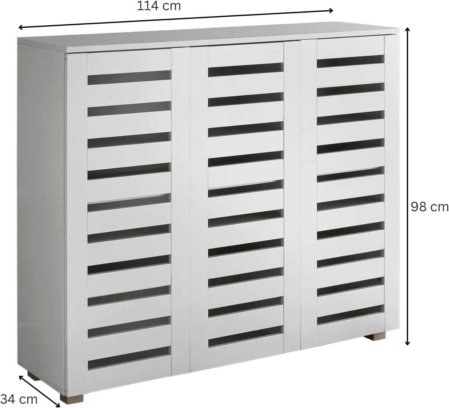 White 3 Door Wooden Shoe Cabinet with Slatted Doors, Large Hallway Cupboard