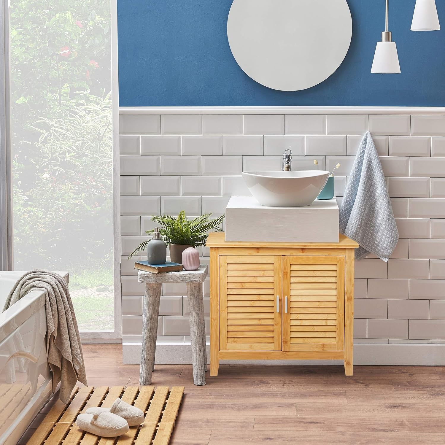 Natural Bamboo Bathroom Sink Cabinet – 2 Door Under Sink Storage Unit 67x60cm