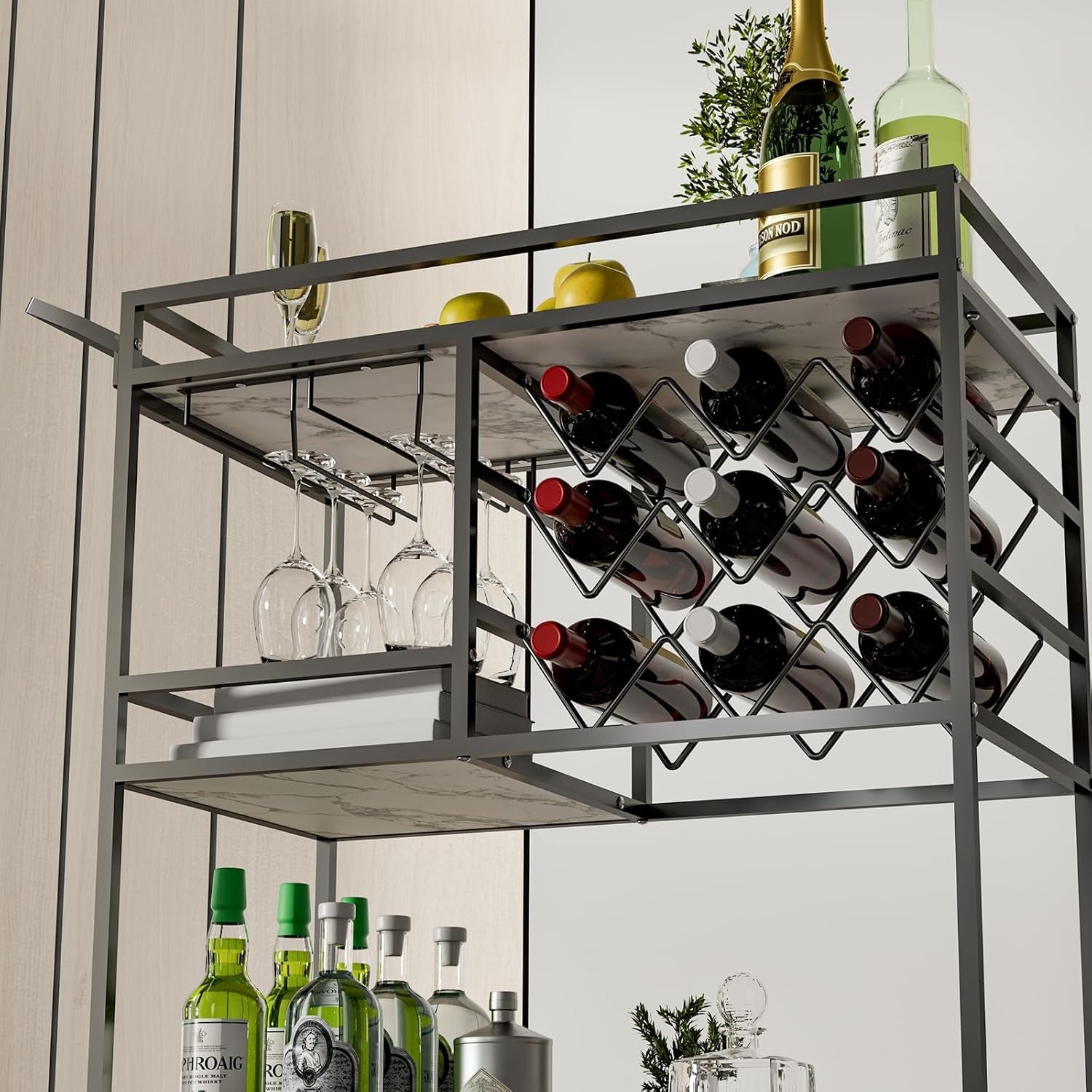 Bar Cart on Wheels with Wine Rack Glass Holder 3 Tier Drinks Trolley