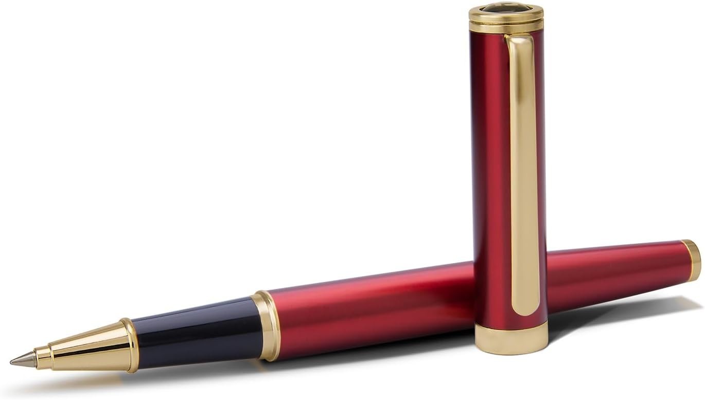 Luxury Rollerball Pen Red 24K Gold Trim Refillable Metal Leather Model