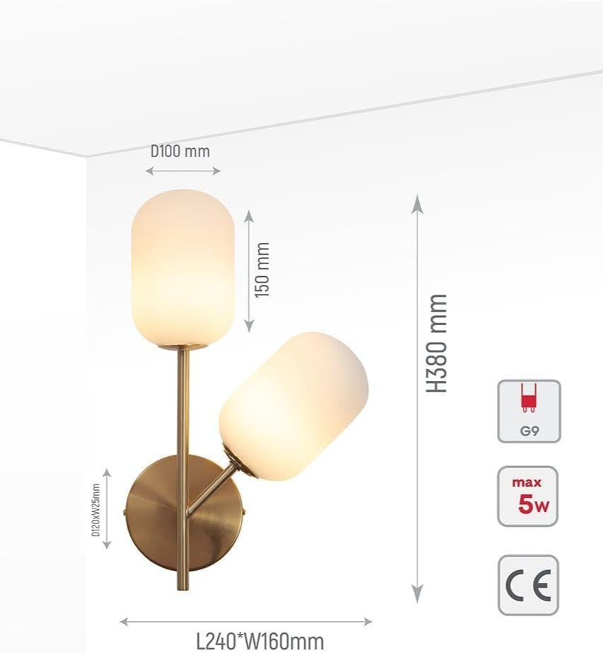 Modern Wall Light Double Lamp Gold Aluminium Bronze Glass Cylinder for Home