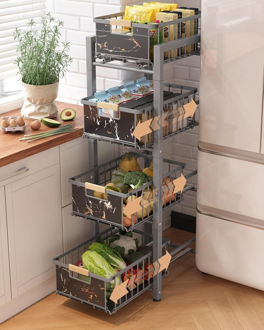 Slim 4 Tier Kitchen Storage Trolley Rolling Cart Grey