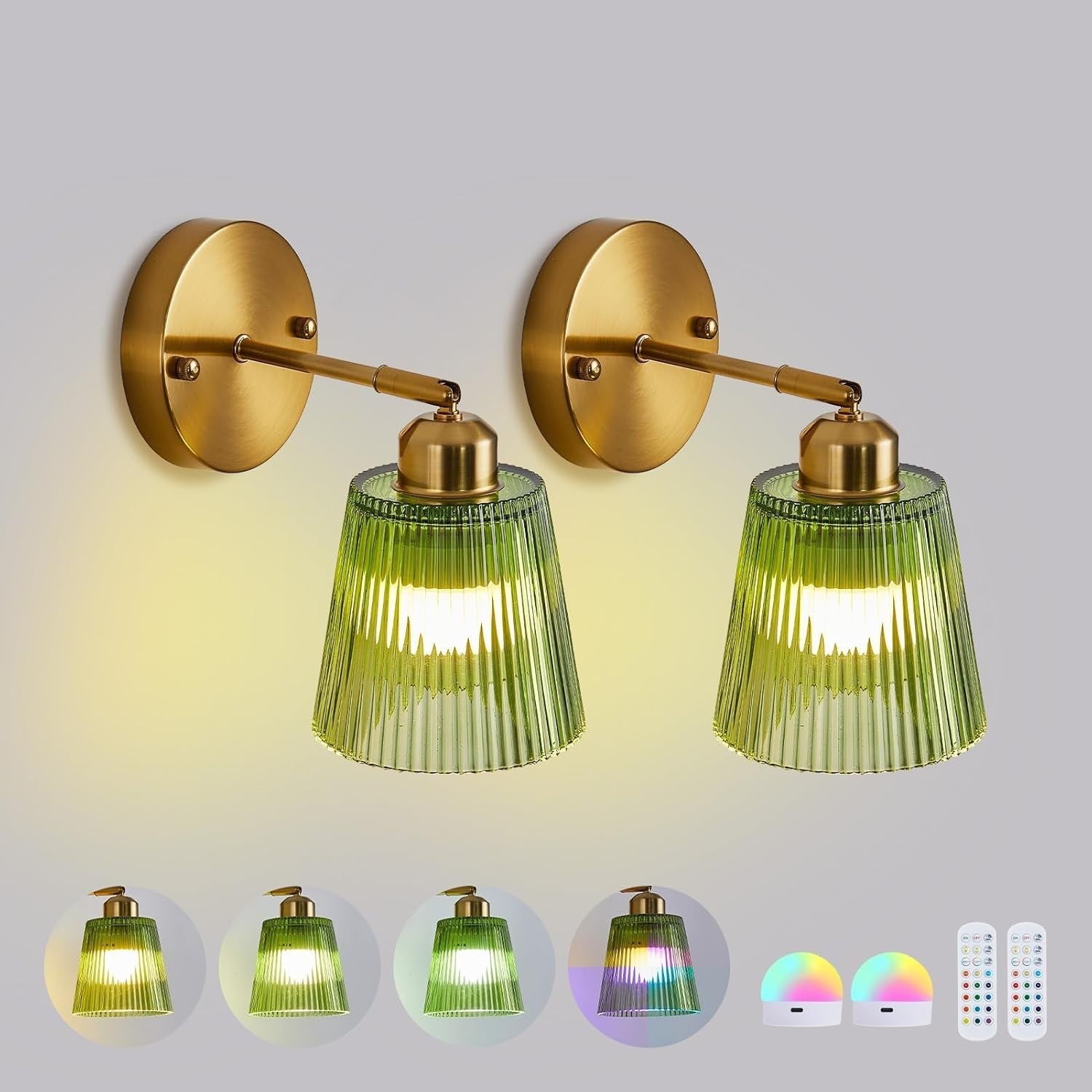 Rechargeable Green Glass Wall Sconce, Wireless LED, Remote Control