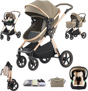 3-in-1 Baby Pram Pushchair Foldable Aluminium Stroller Travel System Brown