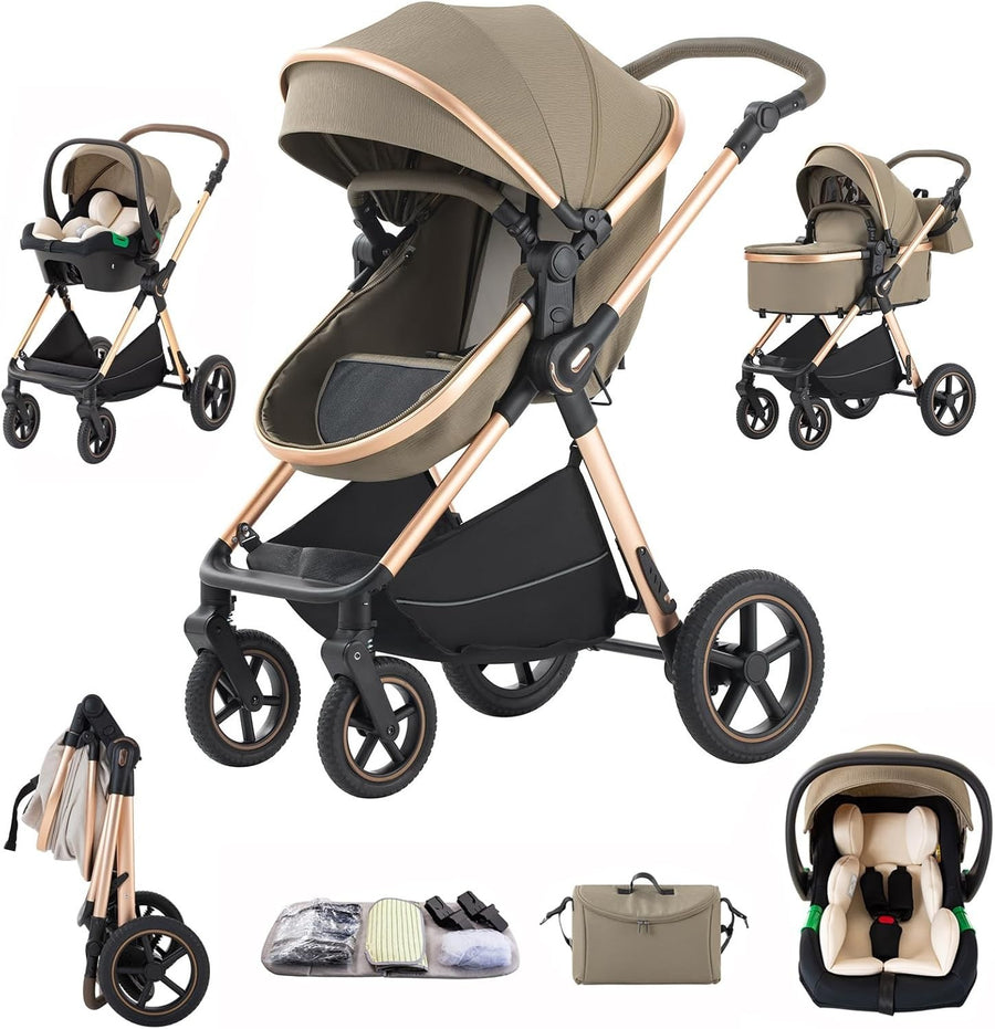 3-in-1 Baby Pram Pushchair Foldable Aluminium Stroller Travel System Brown