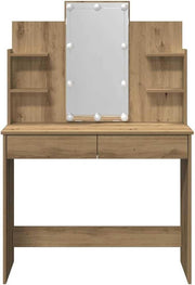 Modern Makeup Vanity Desk Set with Mirror & LED Lights Bedroom Artisan Oak