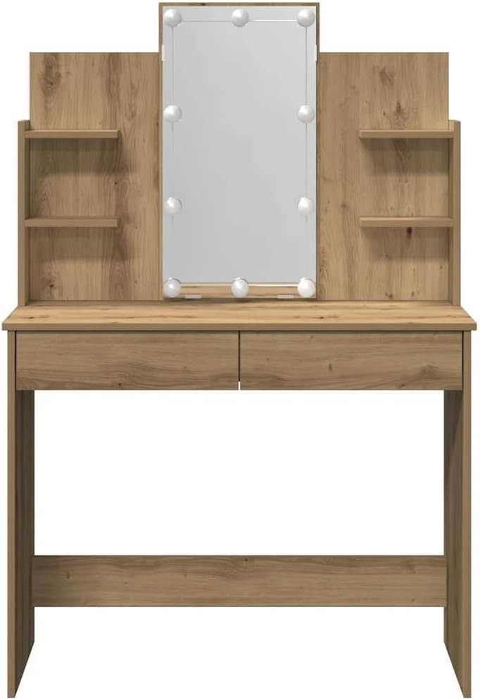 Modern Makeup Vanity Desk Set with Mirror & LED Lights Bedroom Artisan Oak