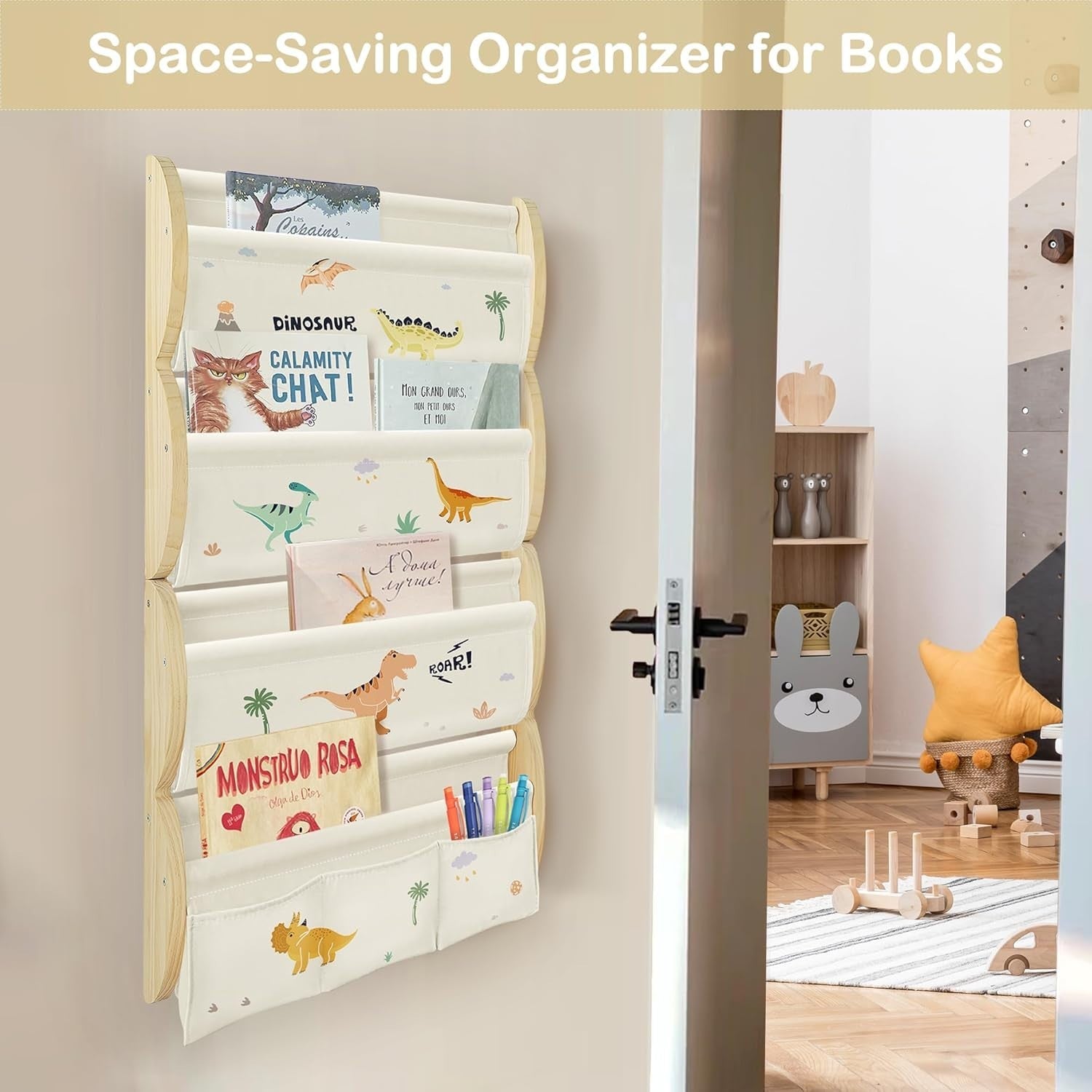 4-Tier Wall Mounted Kids Bookshelf with 3 Pockets & Fabric Sling, Dinosaur