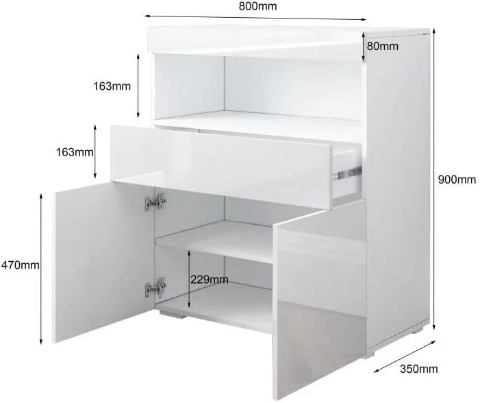 LED Sideboard Cabinet High Gloss Storage Unit 2 Doors 1 Drawer White