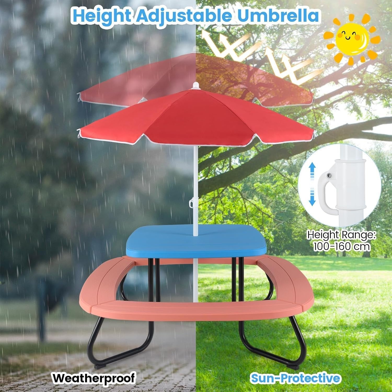 Kids Picnic Table Set with 8 Seats, Adjustable Umbrella, Outdoor Garden Play Tab