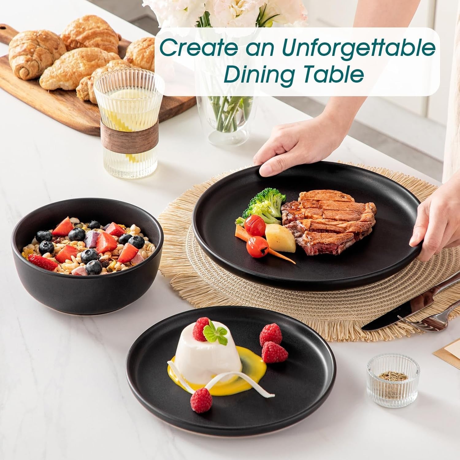 12pc Black Dinner Set Matte Glaze Plates Bowls Modern Microwave Safe