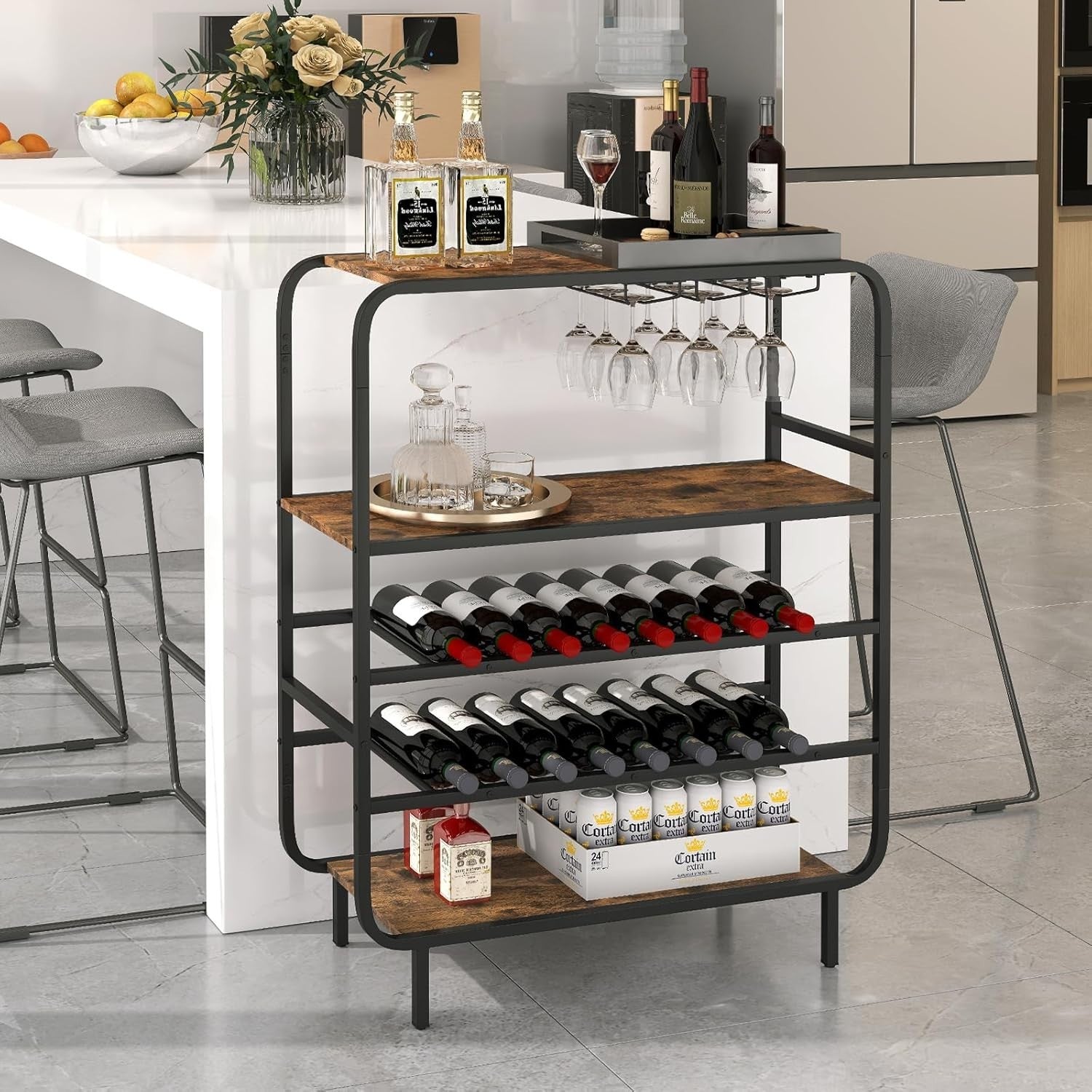 5 Tier Wine Rack Cabinet 16 Bottle Storage with Glass Holder Industrial Home Bar