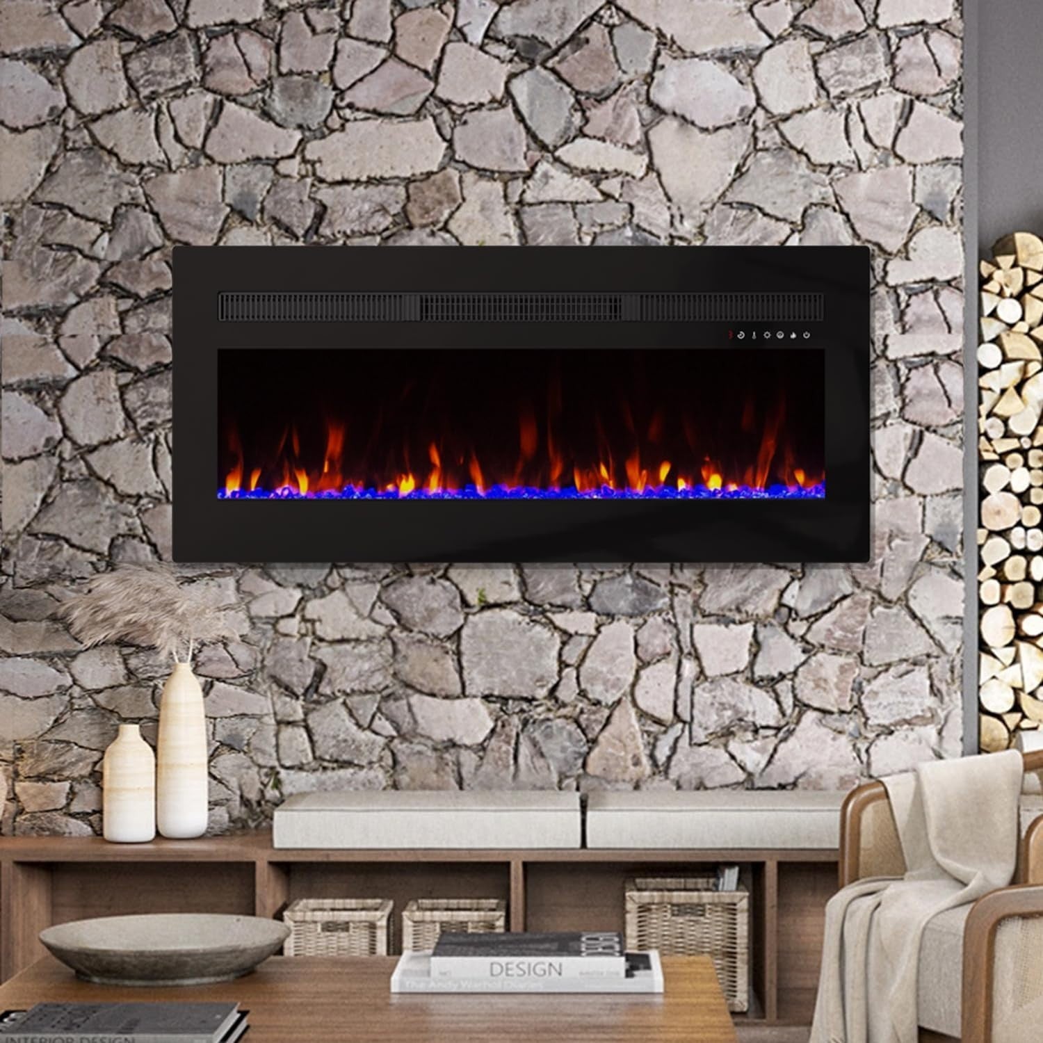 60" Electric Insert Fireplace LED Flames 12 Colors Wall Mount Recessed