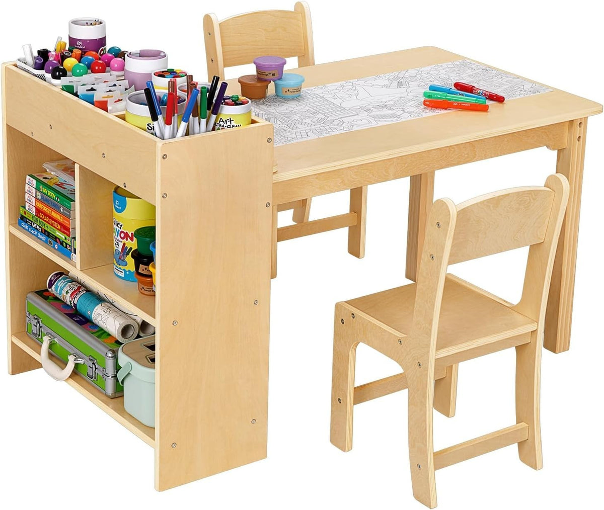 Kids Art Table & 2 Chairs with Storage Shelves Wooden Activity Play Desk