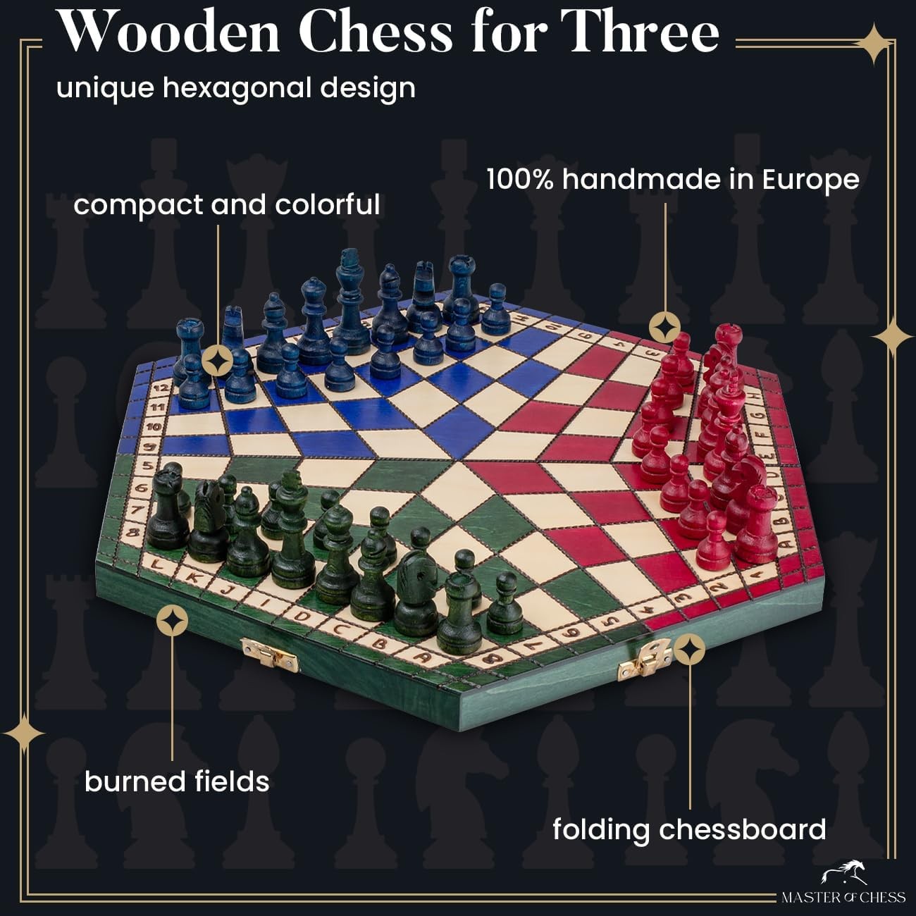 Large 3-Player Wooden Chess Set Hexagonal Board 40×35cm Handcrafted Travel Game