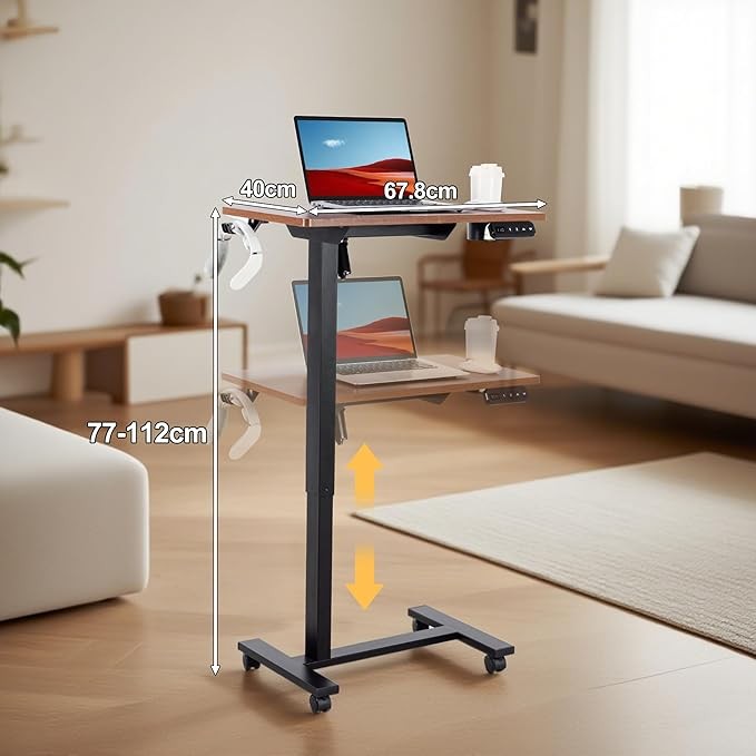 Electric Overbed Laptop Desk Walnut Top Height Adjustable Rolling Table