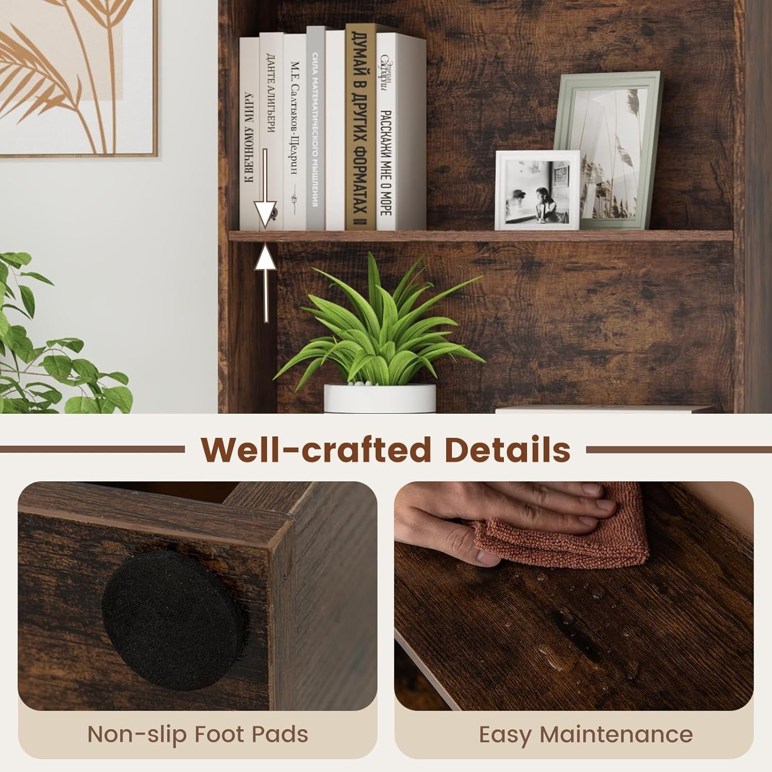 Tall 6-Tier Bookshelf Storage Unit Rustic Wood Shelving Rack for Living Room