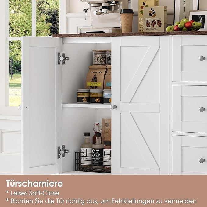 White & Brown Sideboard Cabinet with 3 Drawers & 2 Doors, Wooden Storage Unit