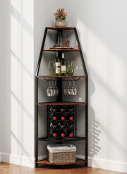Corner Wine Bar Cabinet 5-Tier Industrial Wine Rack with Glass Holder