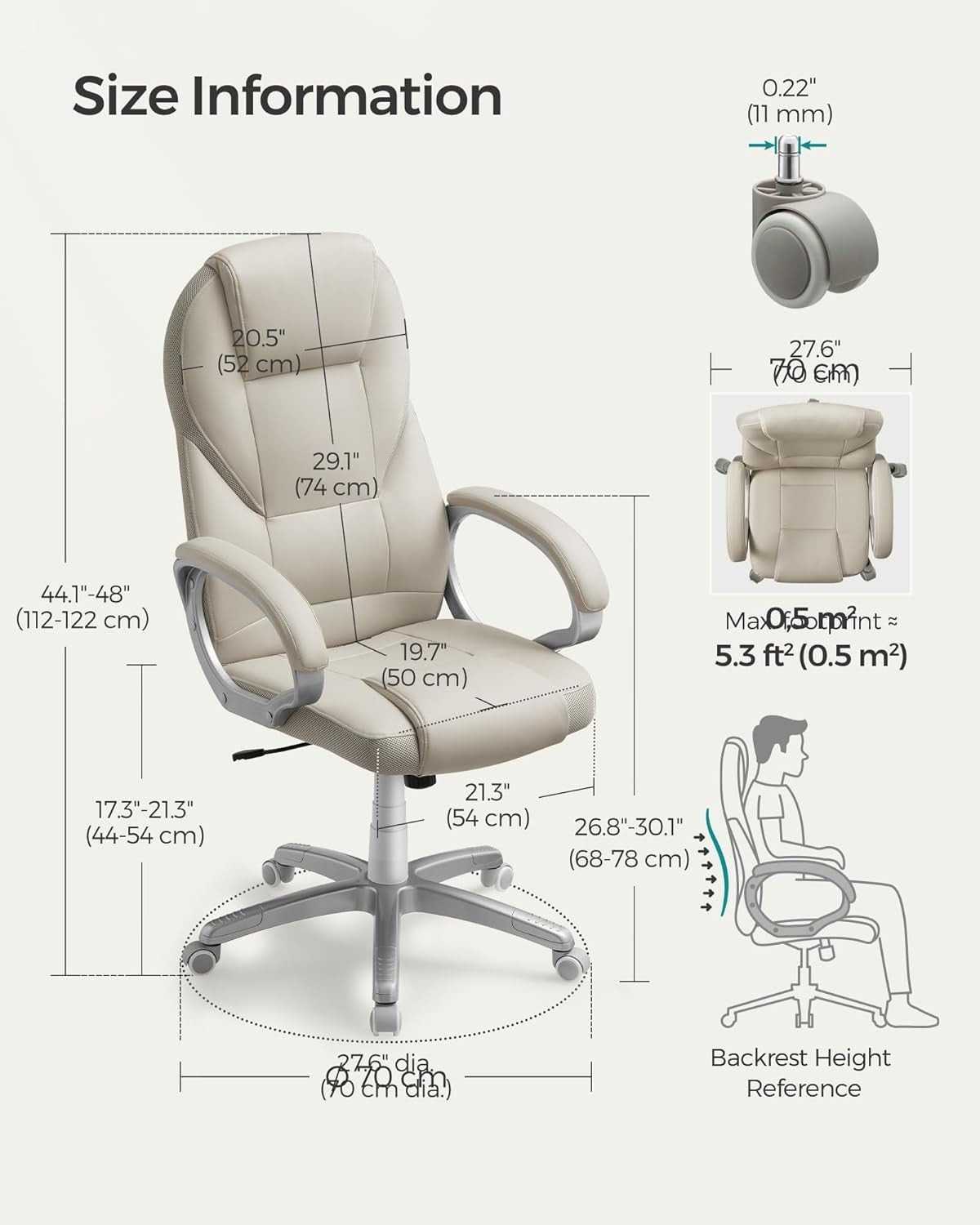 Ergonomic Office Chair Faux Leather Swivel Desk Seat Adjustable Height Cream Whi