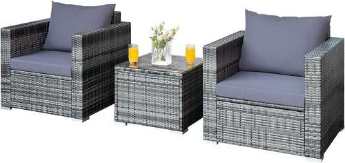 3PC Rattan Bistro Set Patio Garden Furniture Cushioned Chairs & Table