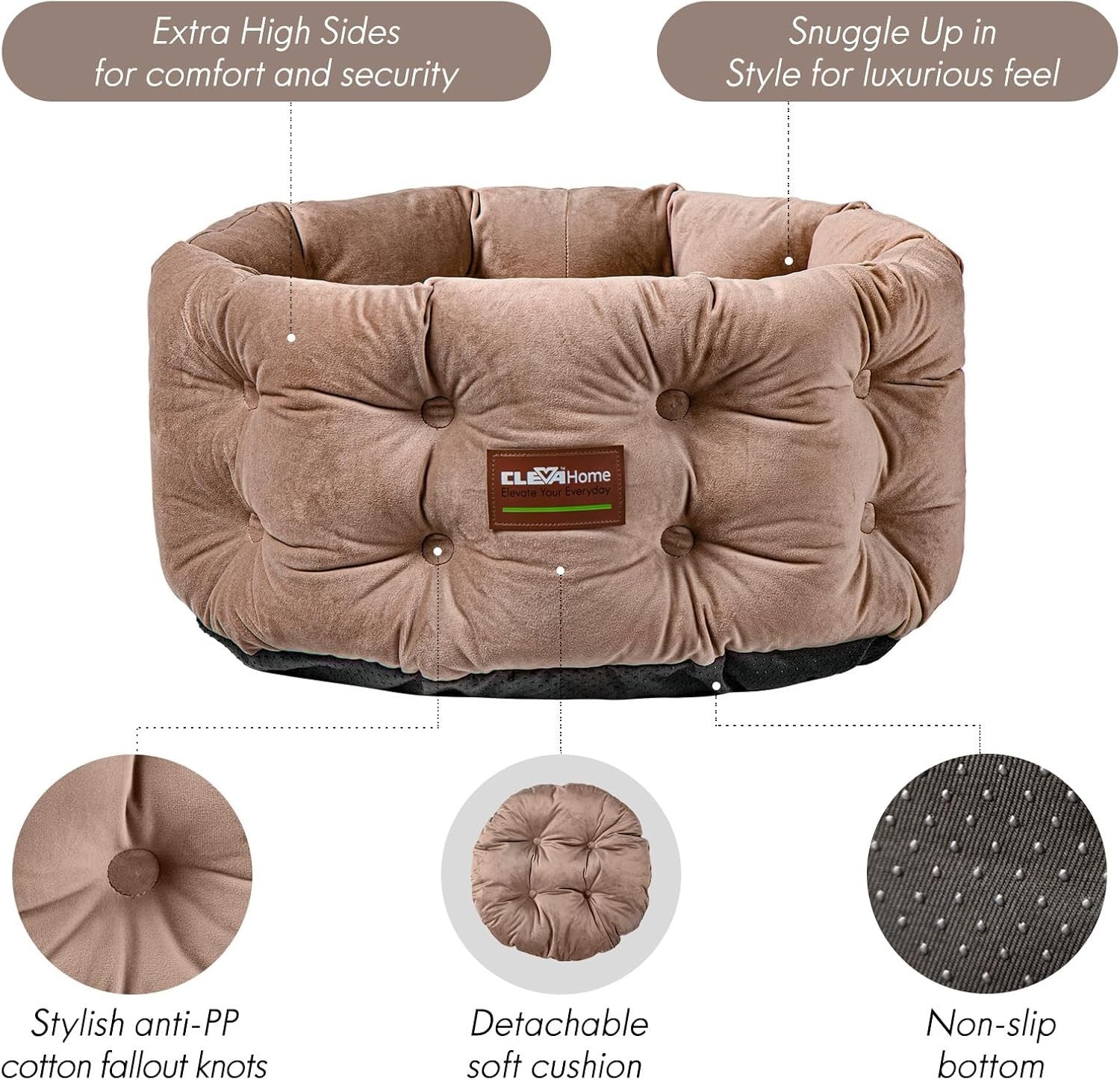 Deep Nest Cat Bed Round Plush Pet Bed High Sides Washable Non Slip