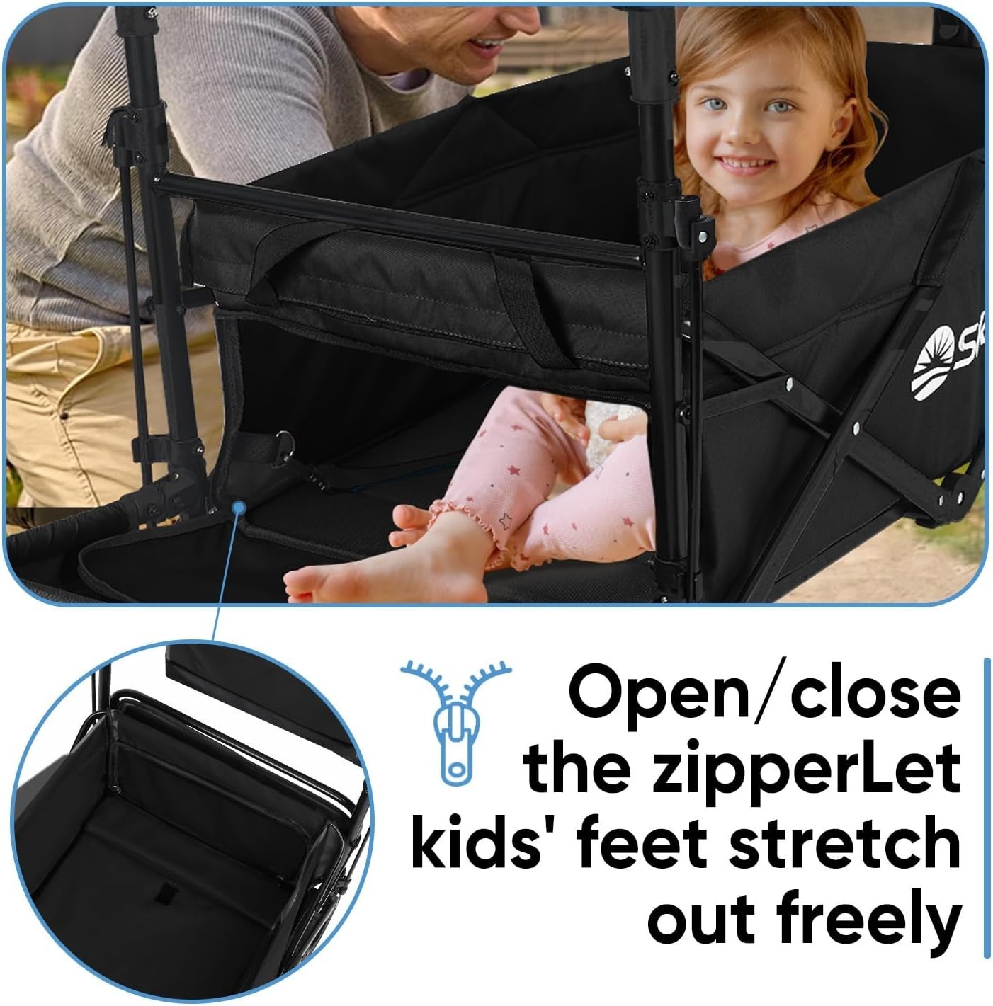 Black Kids Folding Wagon with Canopy Shockproof Wheels 100kg Family Transport
