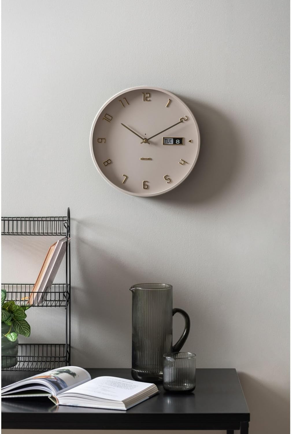 Silent Aluminium Wall Clock 40cm Flip Date Display Modern Grey Decor