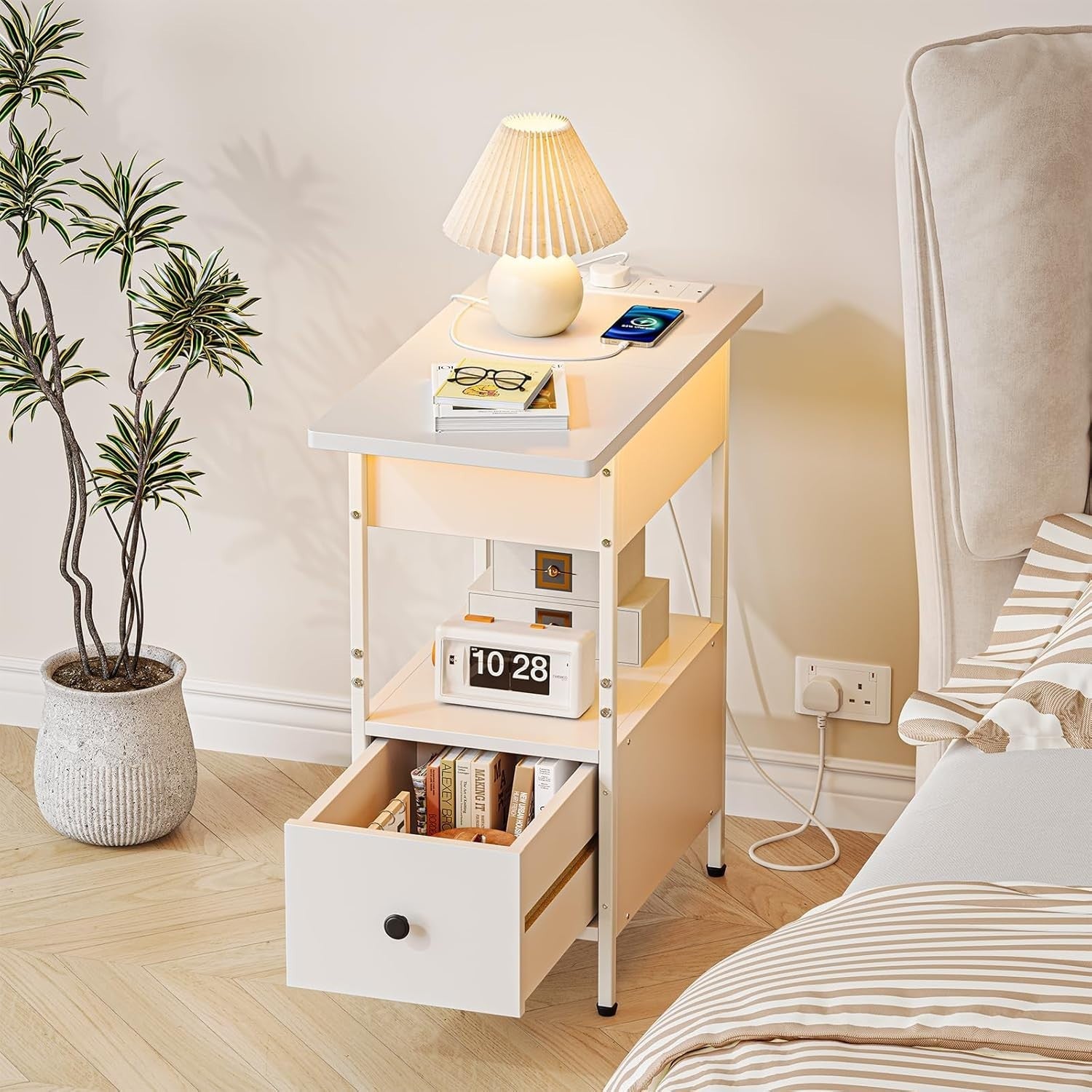 Slim White Smart Bedside Table with LED Light, USB Charging & Drawer