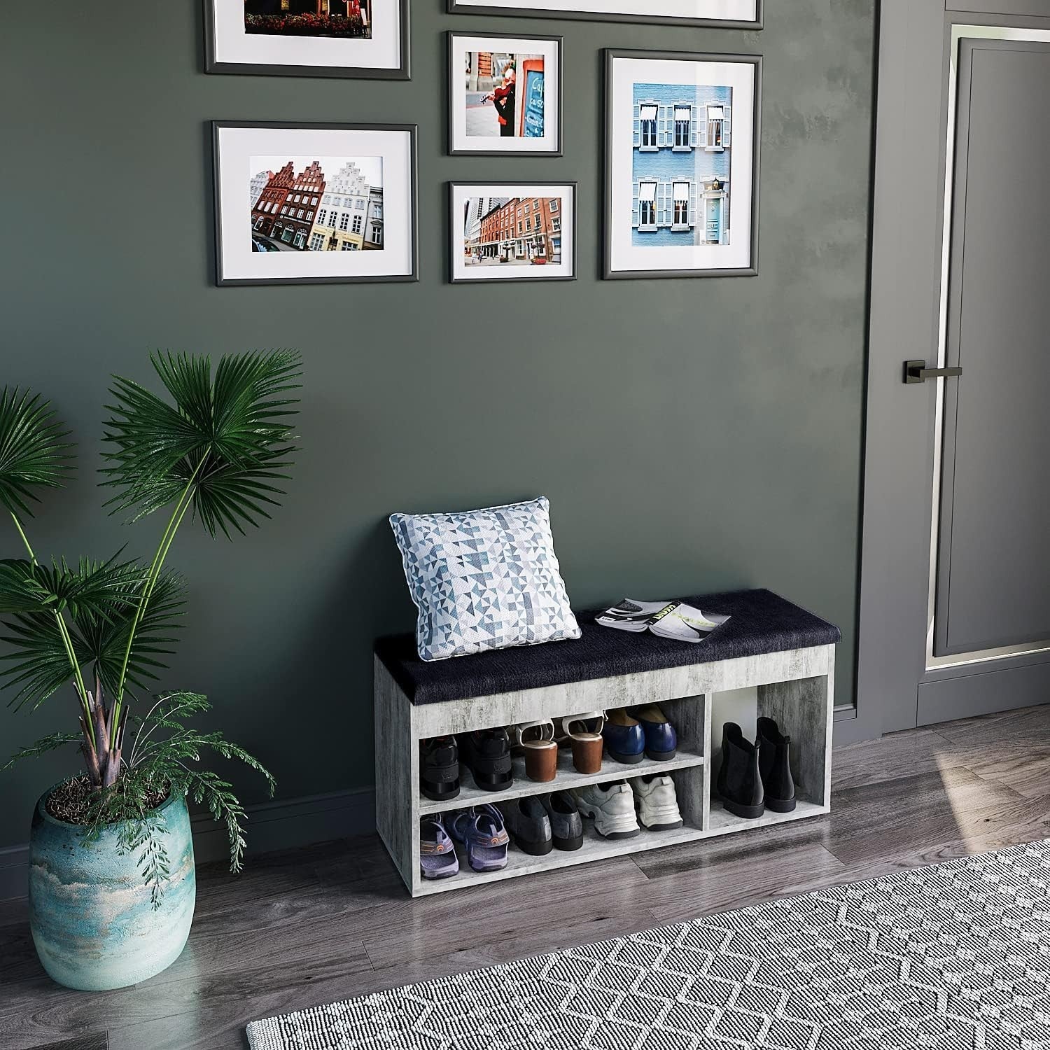 Concrete Shoe Storage Bench with Cushion Hidden Compartment Entryway Seat
